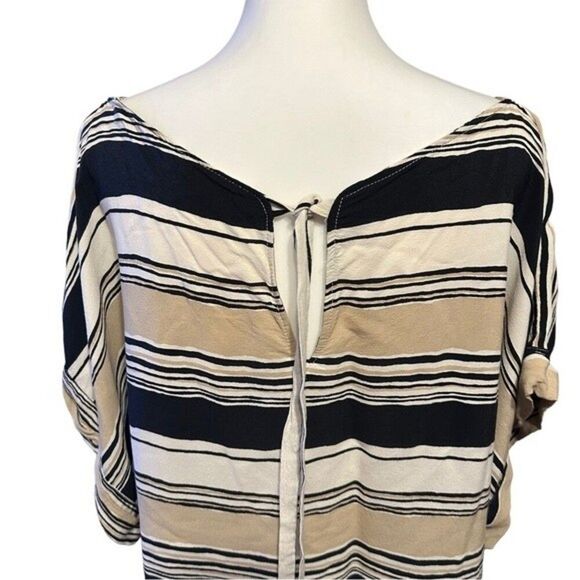 Zara Tan Beige White Black Stripe Tie Back Top Blouse Shirt Sz L - Picture 6 of 7